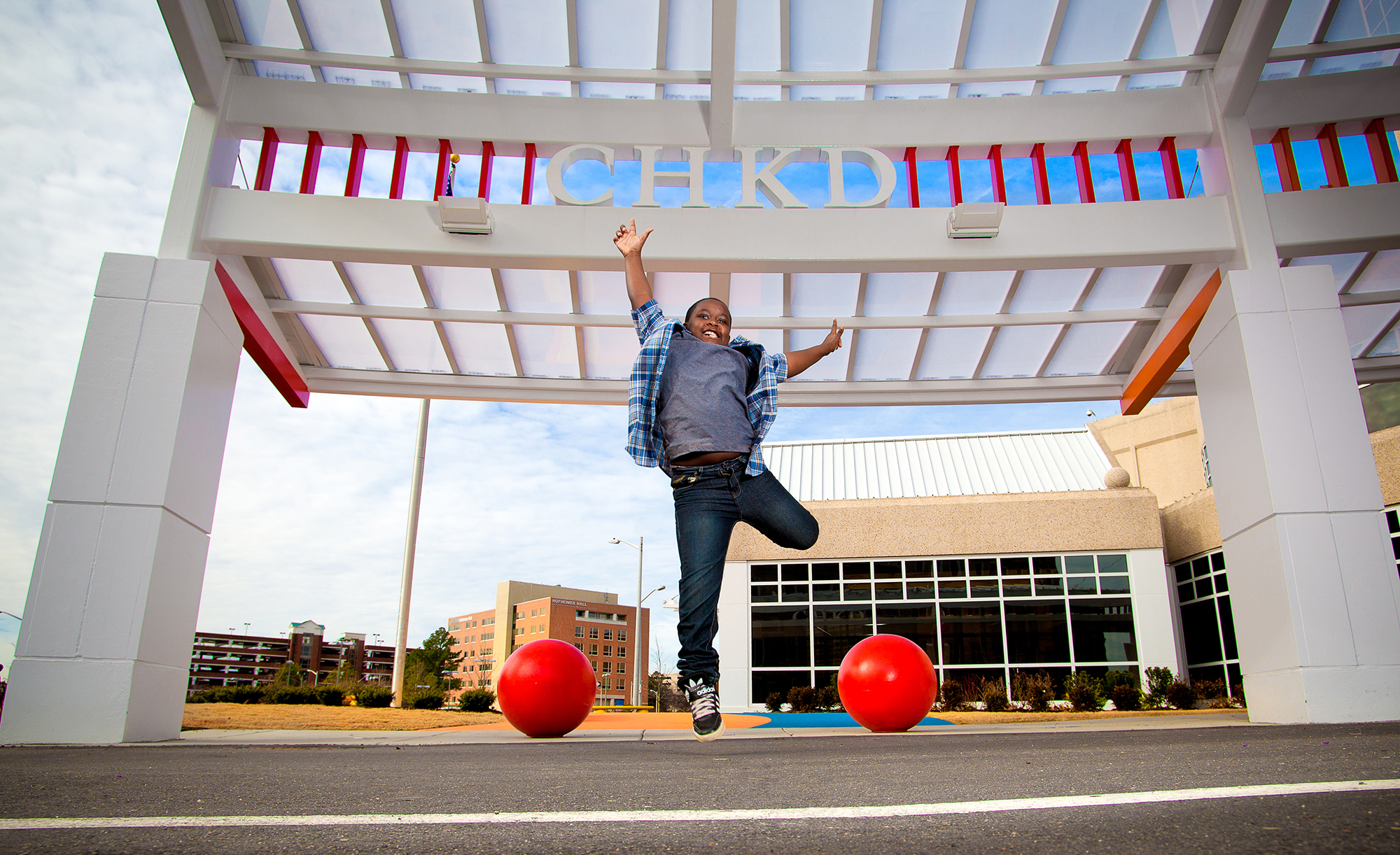 Patient mid jump in front of the CHKD hospital